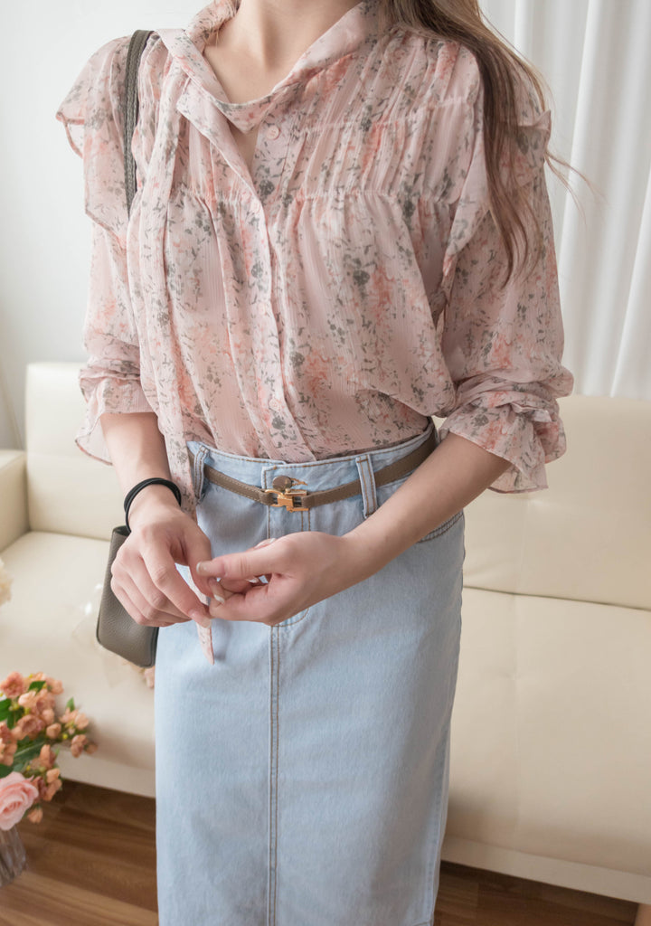 Soft Pink 氧氣感微粉色印花雪紡上衣, Blouse/ BU8976