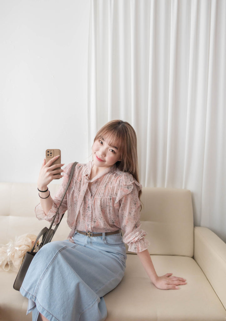 Soft Pink 氧氣感微粉色印花雪紡上衣, Blouse/ BU8976