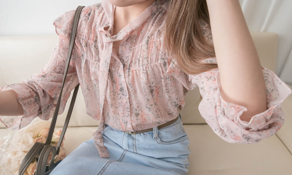 Soft Pink 氧氣感微粉色印花雪紡上衣, Blouse/ BU8976