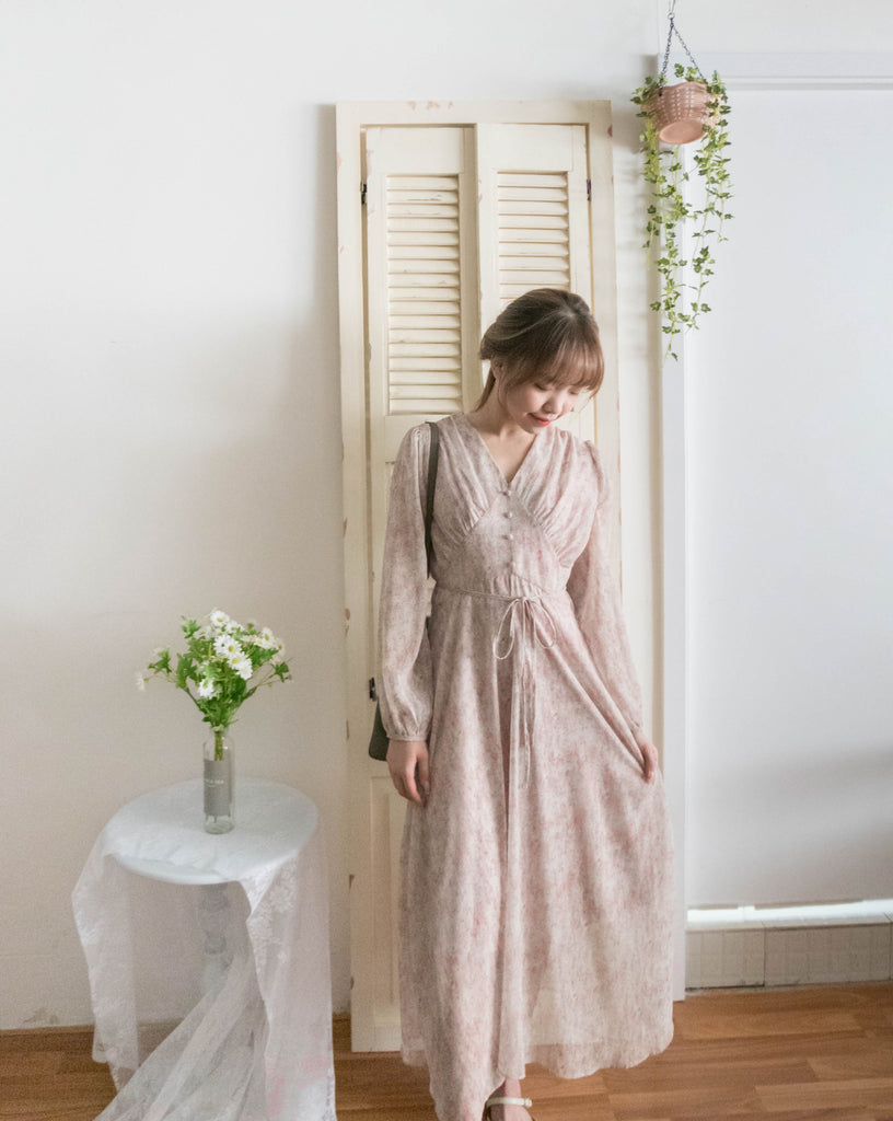 Marble Floral 雲石花花菱格腰間鈕扣後橡筋, Dress/ DS9347
