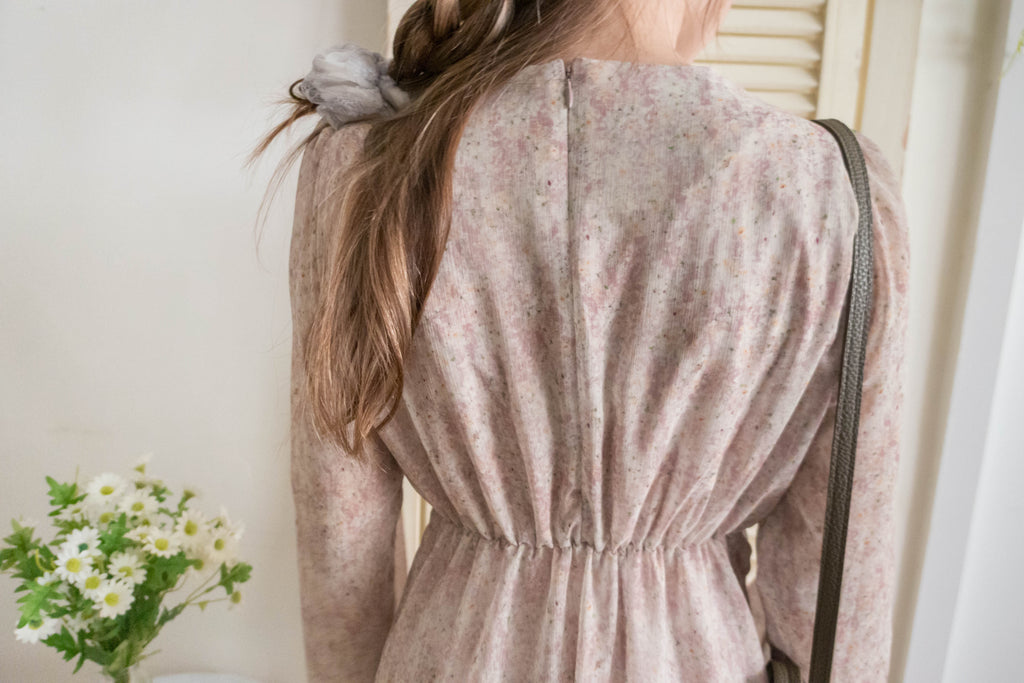 Marble Floral 雲石花花菱格腰間鈕扣後橡筋, Dress/ DS9347