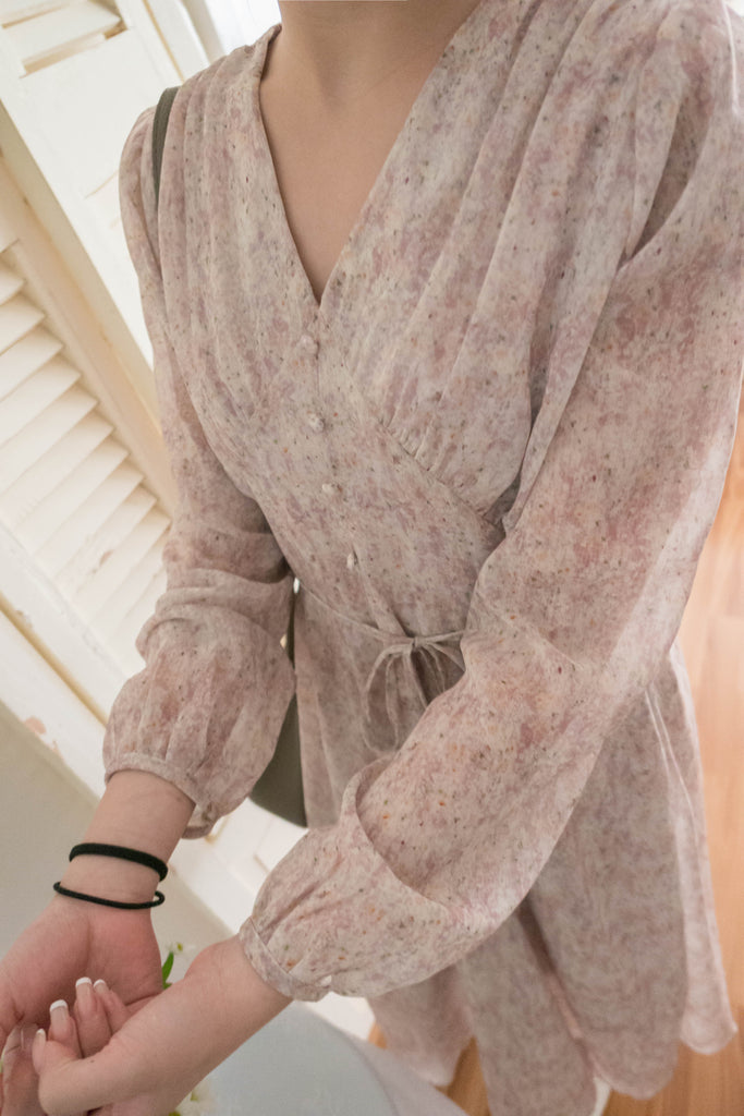 Marble Floral 雲石花花菱格腰間鈕扣後橡筋, Dress/ DS9347