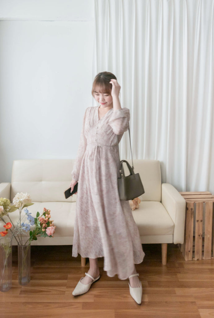 Marble Floral 雲石花花菱格腰間鈕扣後橡筋, Dress/ DS9347
