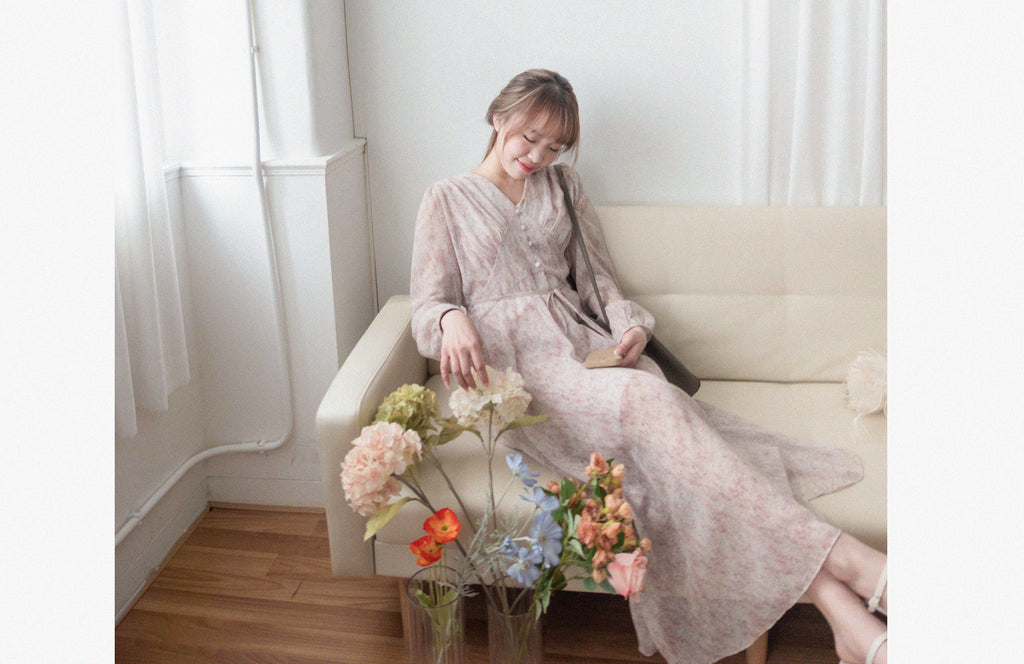 Marble Floral 雲石花花菱格腰間鈕扣後橡筋, Dress/ DS9347