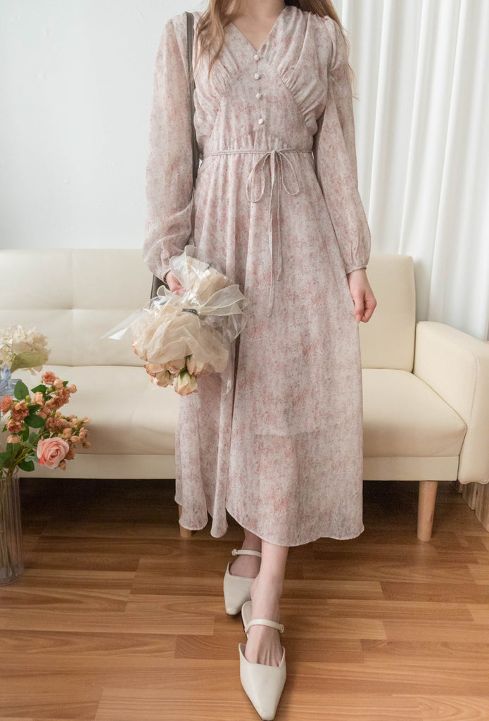 Marble Floral 雲石花花菱格腰間鈕扣後橡筋, Dress/ DS9347