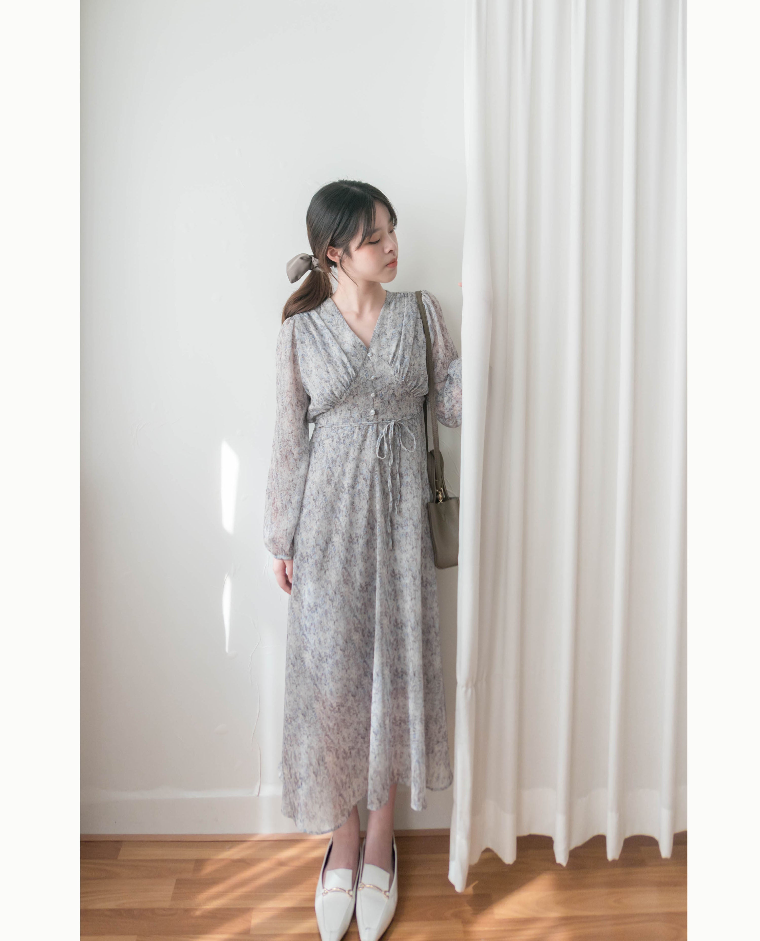 Marble Floral 雲石花花菱格腰間鈕扣後橡筋, Dress/ DS9347