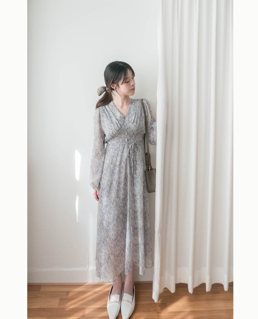 Marble Floral 雲石花花菱格腰間鈕扣後橡筋, Dress/ DS9347