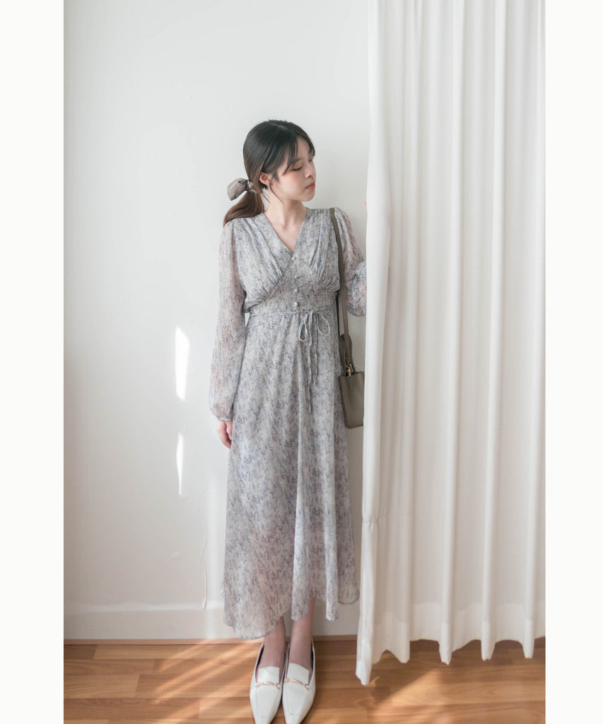 Marble Floral 雲石花花菱格腰間鈕扣後橡筋, Dress/ DS9347