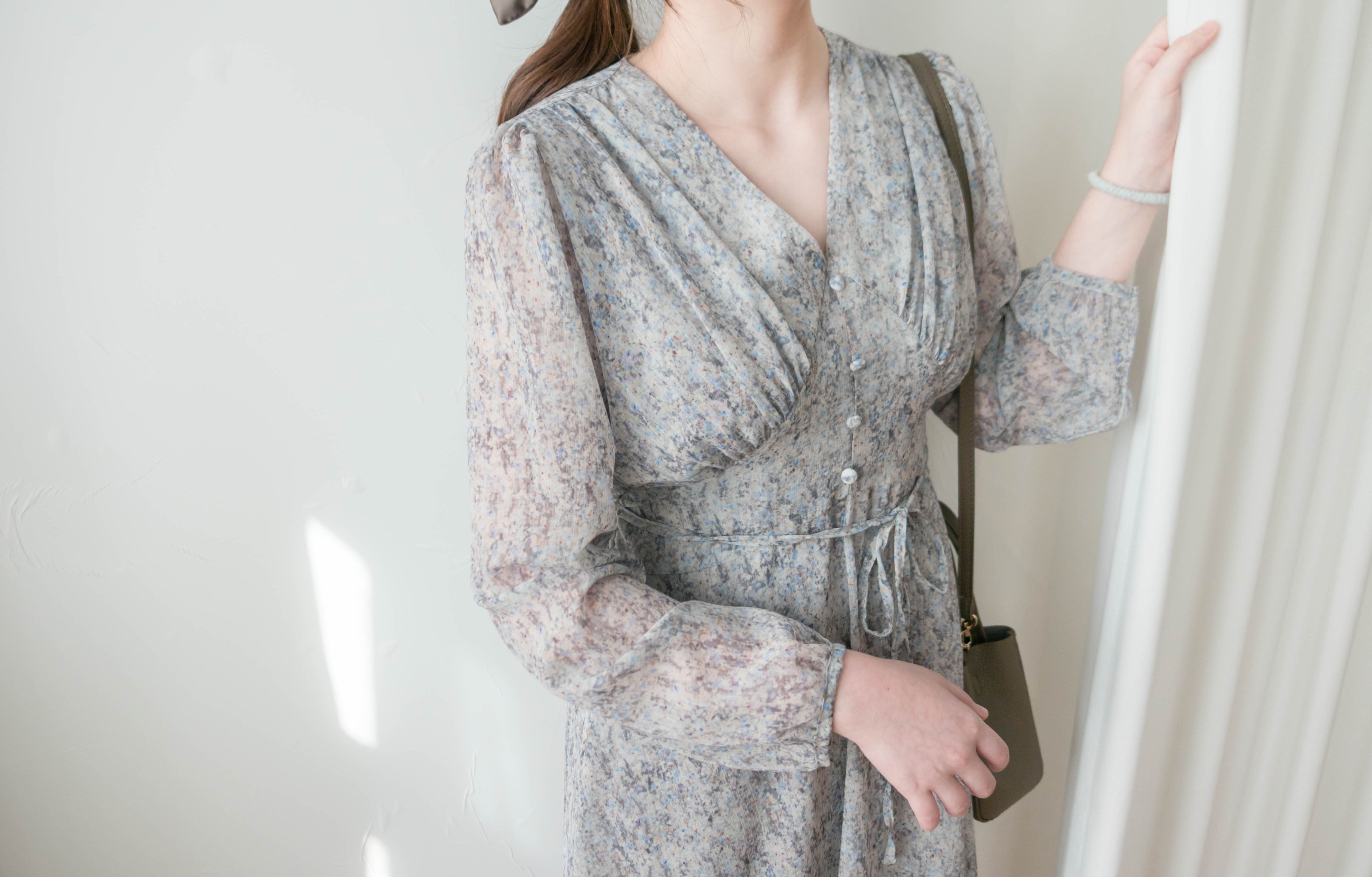 Marble Floral 雲石花花菱格腰間鈕扣後橡筋, Dress/ DS9347