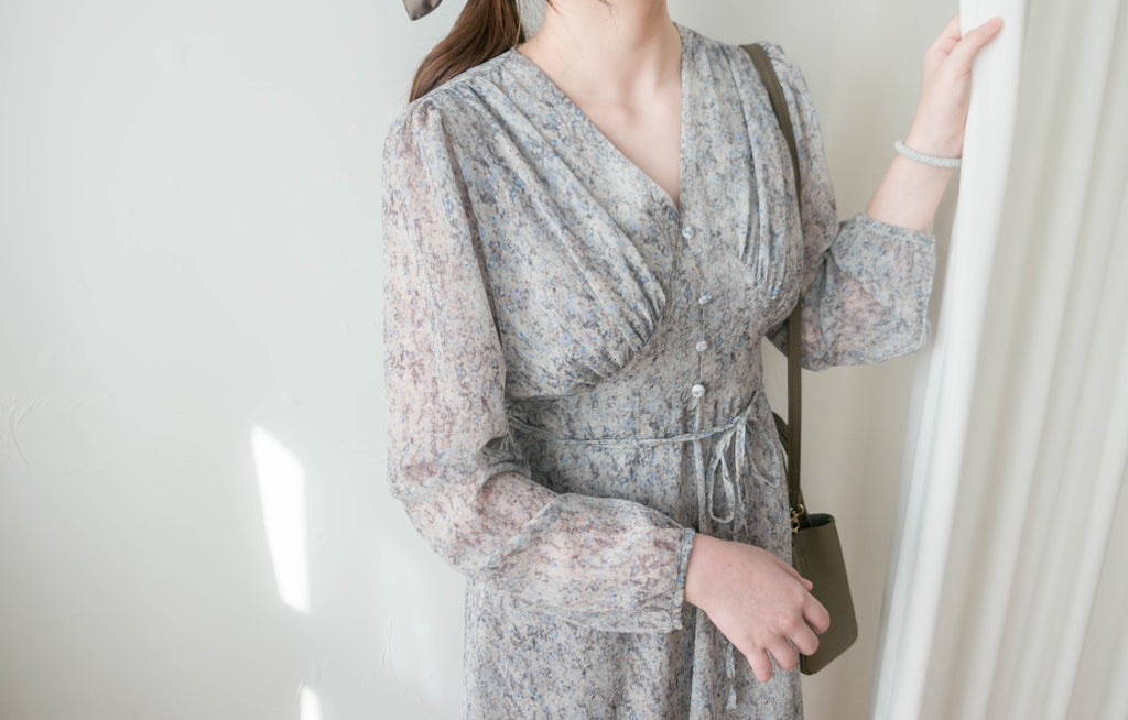 Marble Floral 雲石花花菱格腰間鈕扣後橡筋, Dress/ DS9347
