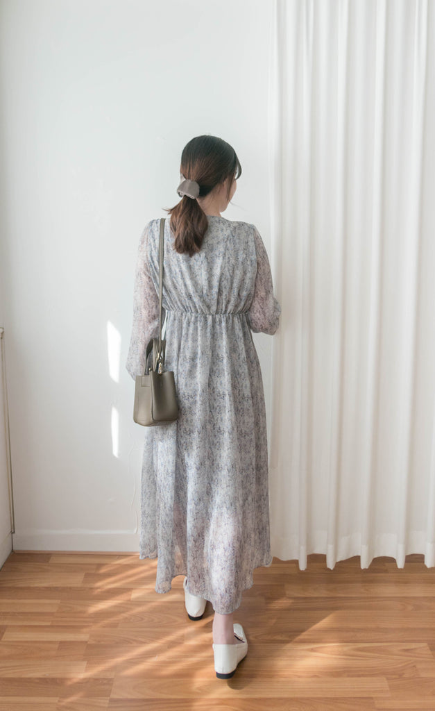 Marble Floral 雲石花花菱格腰間鈕扣後橡筋, Dress/ DS9347