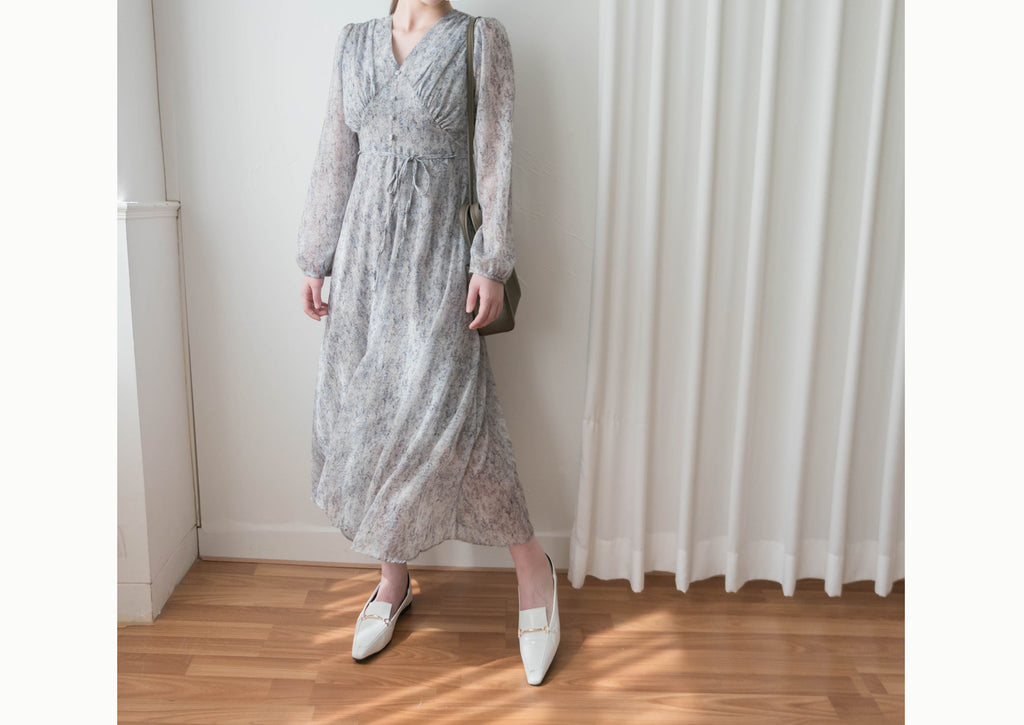 Marble Floral 雲石花花菱格腰間鈕扣後橡筋, Dress/ DS9347