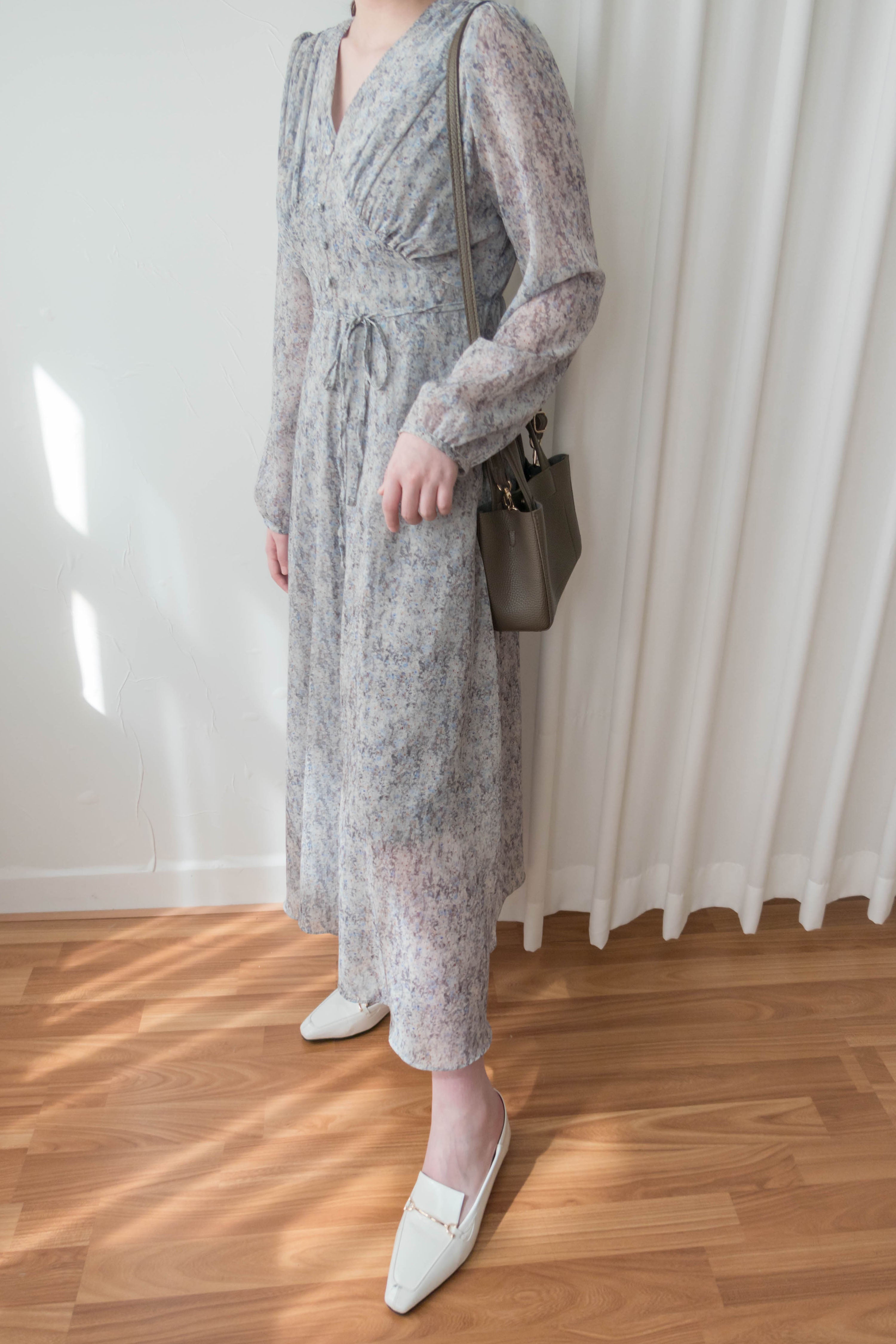 Marble Floral 雲石花花菱格腰間鈕扣後橡筋, Dress/ DS9347