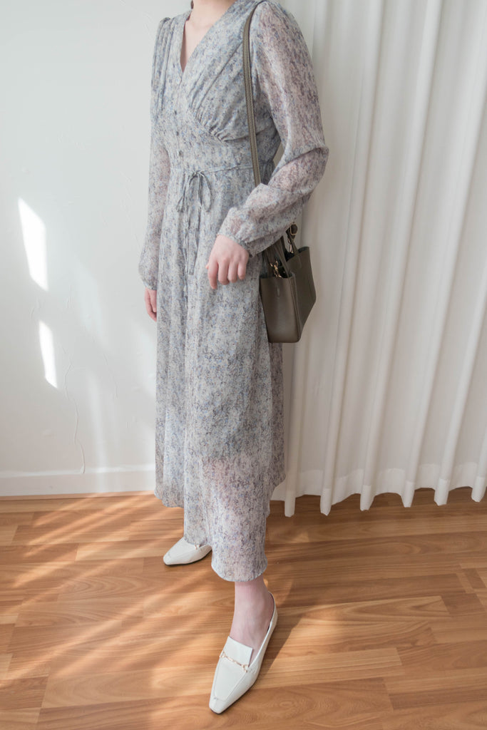 Marble Floral 雲石花花菱格腰間鈕扣後橡筋, Dress/ DS9347