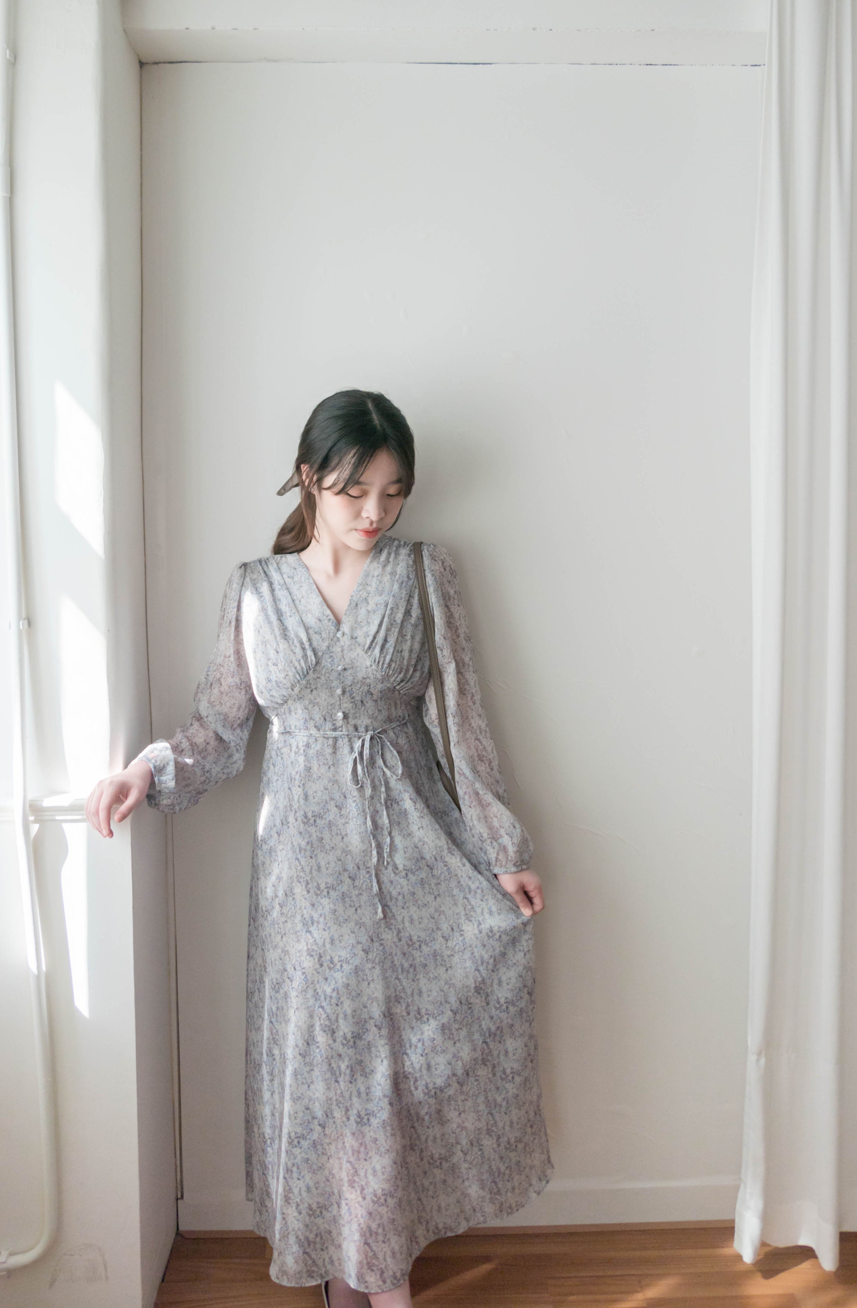 Marble Floral 雲石花花菱格腰間鈕扣後橡筋, Dress/ DS9347