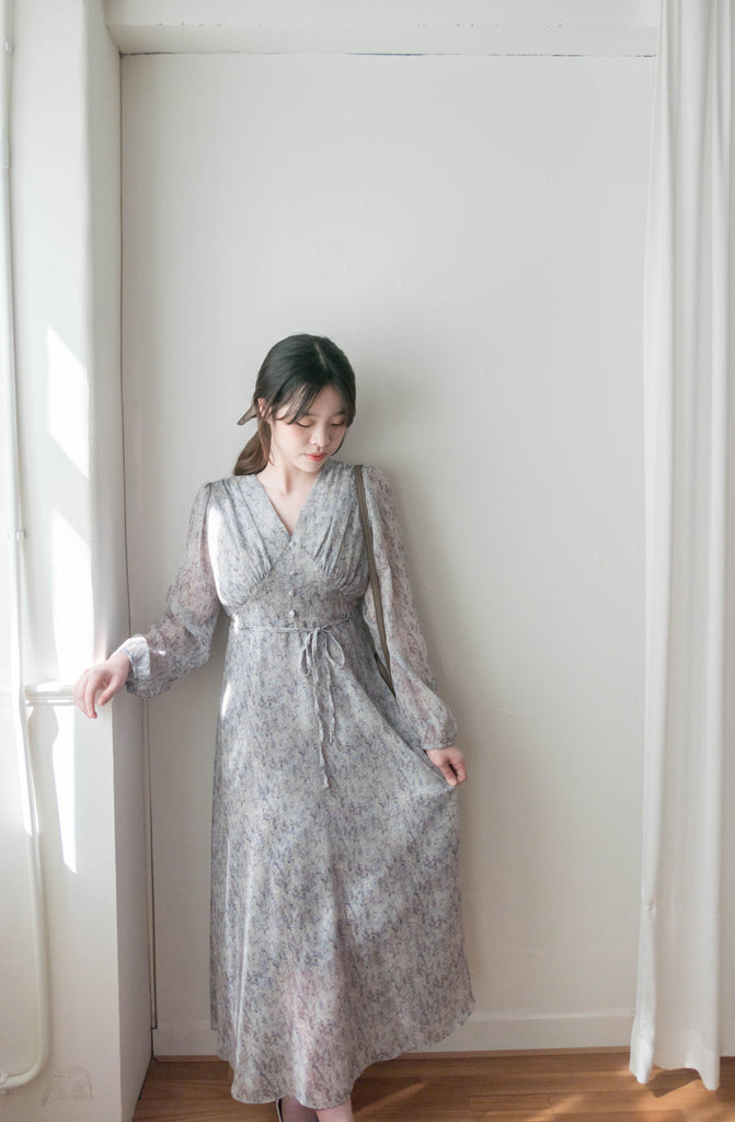 Marble Floral 雲石花花菱格腰間鈕扣後橡筋, Dress/ DS9347