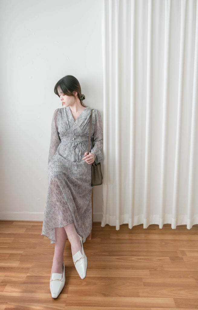 Marble Floral 雲石花花菱格腰間鈕扣後橡筋, Dress/ DS9347