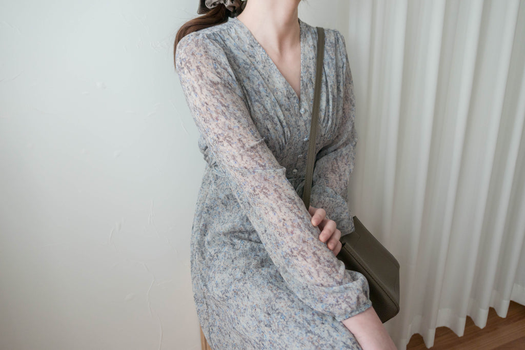 Marble Floral 雲石花花菱格腰間鈕扣後橡筋, Dress/ DS9347
