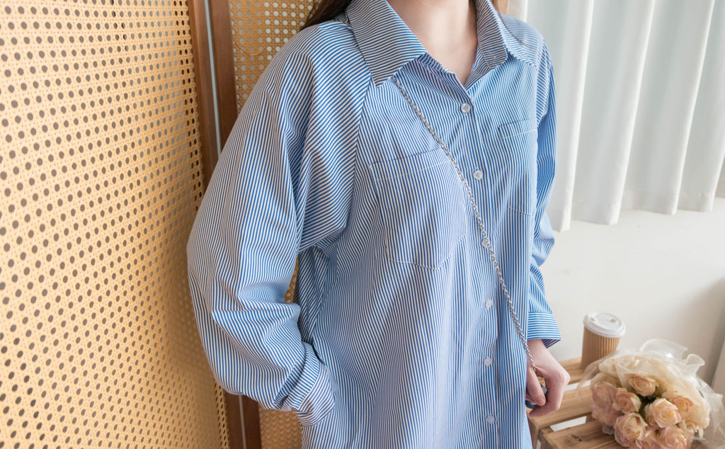 Stripe 入膊線淺藍直條紋防皺口袋連身裙, Dress/ DS9357