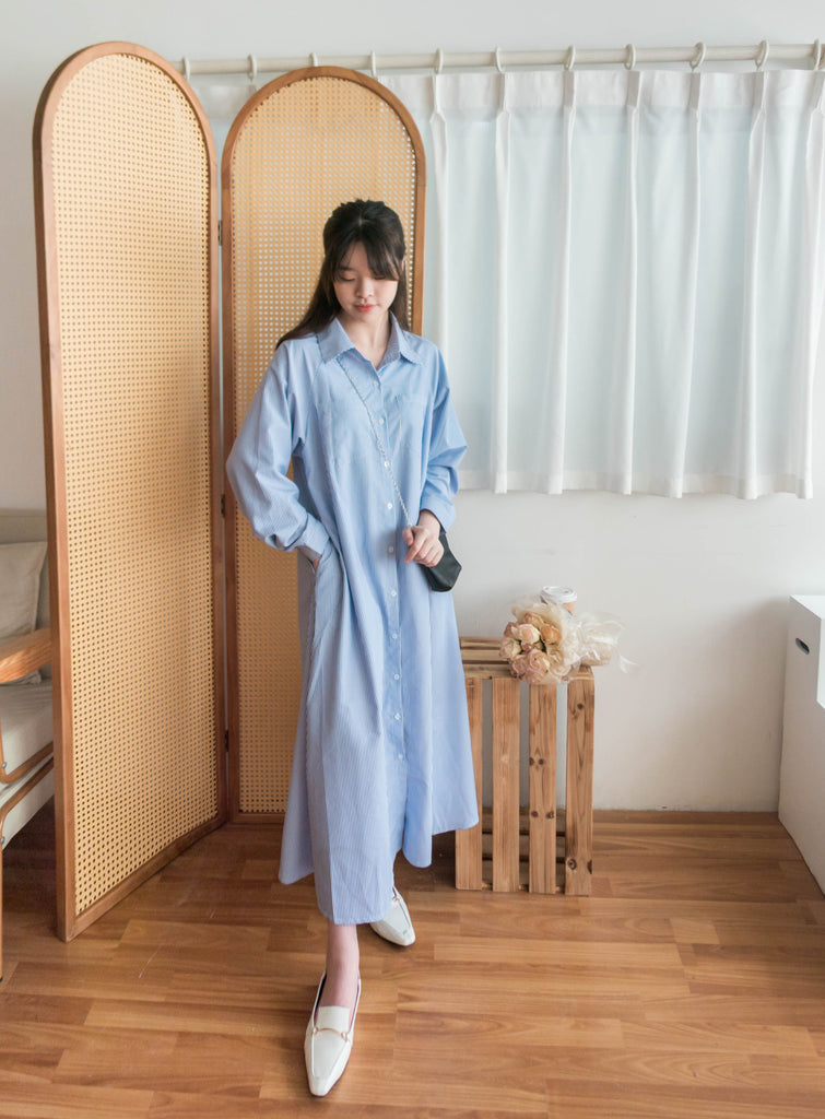 Stripe 入膊線淺藍直條紋防皺口袋連身裙, Dress/ DS9357