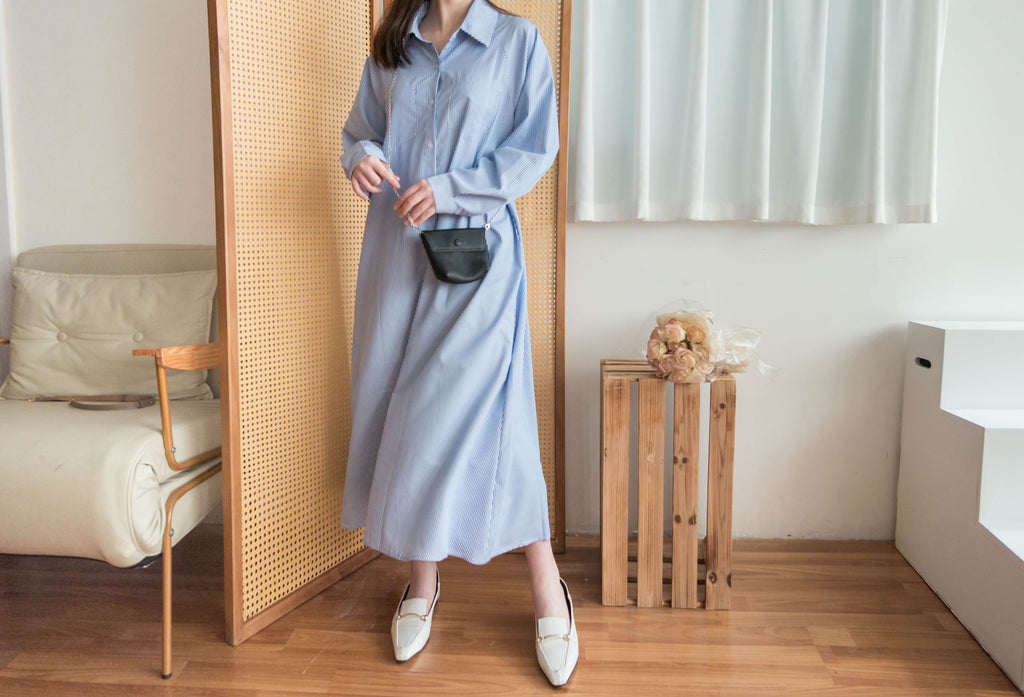 Stripe 入膊線淺藍直條紋防皺口袋連身裙, Dress/ DS9357