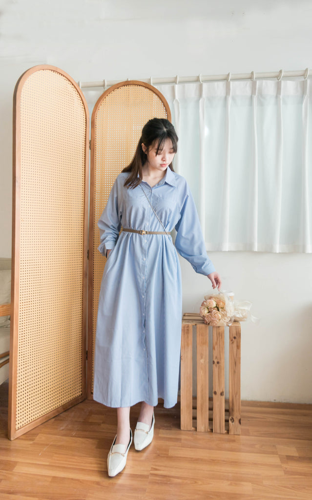 Stripe 入膊線淺藍直條紋防皺口袋連身裙, Dress/ DS9357