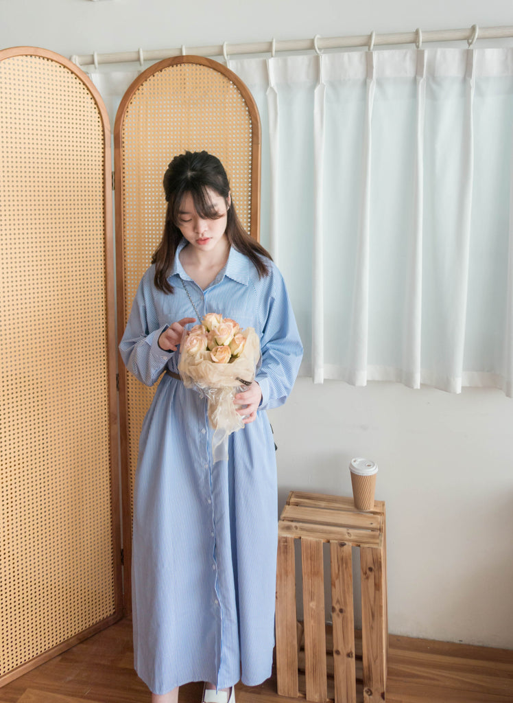 Stripe 入膊線淺藍直條紋防皺口袋連身裙, Dress/ DS9357