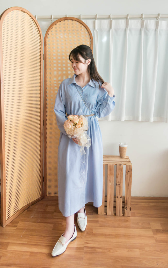 Stripe 入膊線淺藍直條紋防皺口袋連身裙, Dress/ DS9357