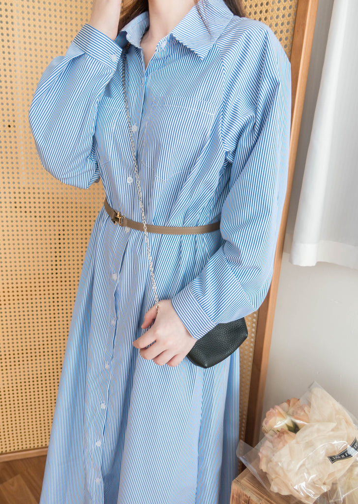 Stripe 入膊線淺藍直條紋防皺口袋連身裙, Dress/ DS9357