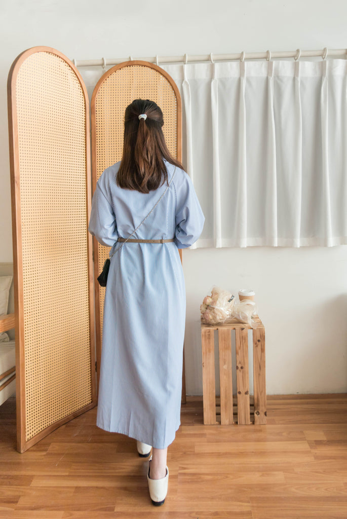 Stripe 入膊線淺藍直條紋防皺口袋連身裙, Dress/ DS9357
