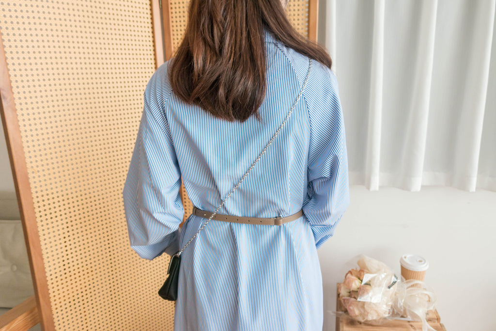 Stripe 入膊線淺藍直條紋防皺口袋連身裙, Dress/ DS9357