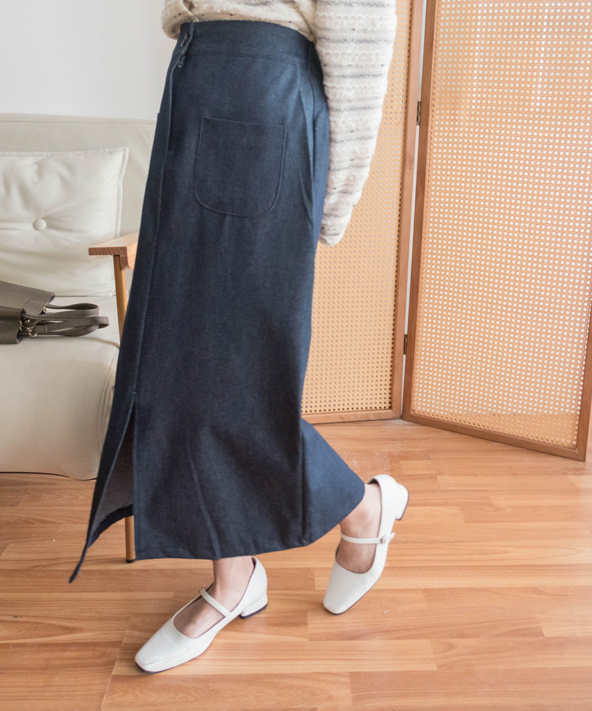 Denim 雙口袋牛仔色前開叉H形裙, Dress/ SK8749