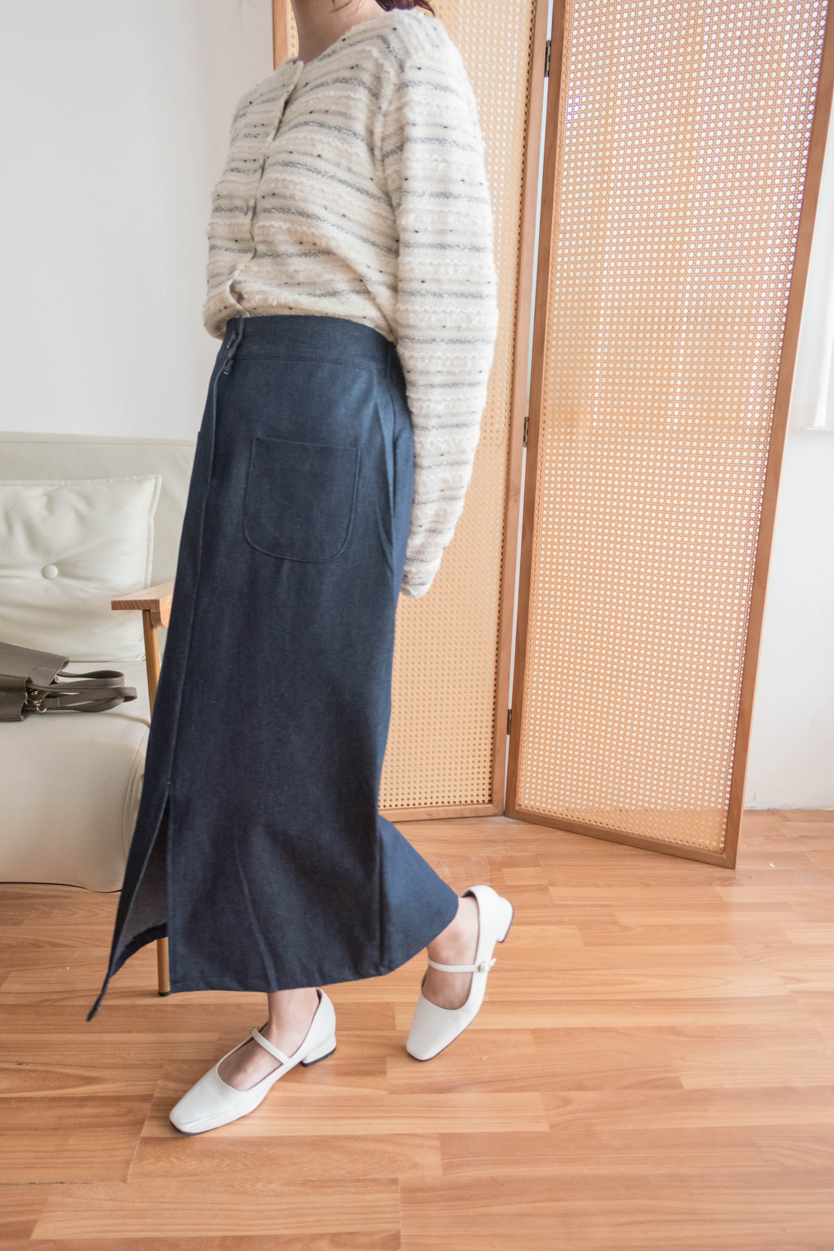 Denim 雙口袋牛仔色前開叉H形裙, Dress/ SK8749