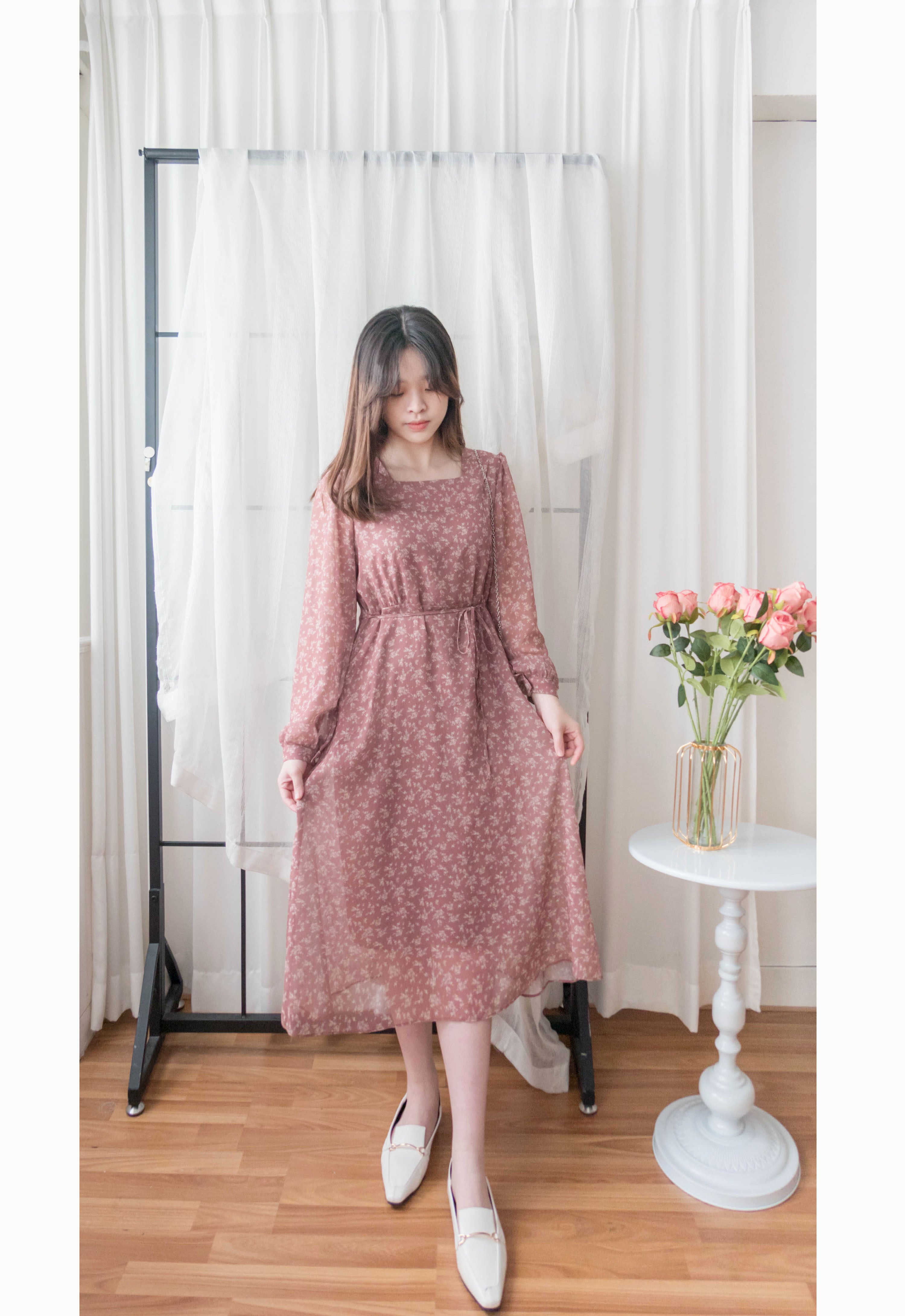Garden Floral 輕盈方領雪紡碎花飄逸連身裙, Dress/ DS9349