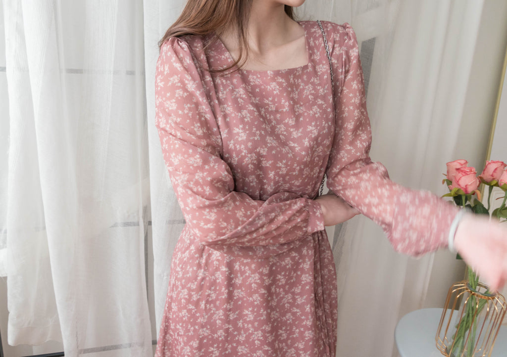 Garden Floral 輕盈方領雪紡碎花飄逸連身裙, Dress/ DS9349