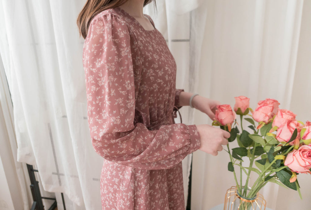 Garden Floral 輕盈方領雪紡碎花飄逸連身裙, Dress/ DS9349
