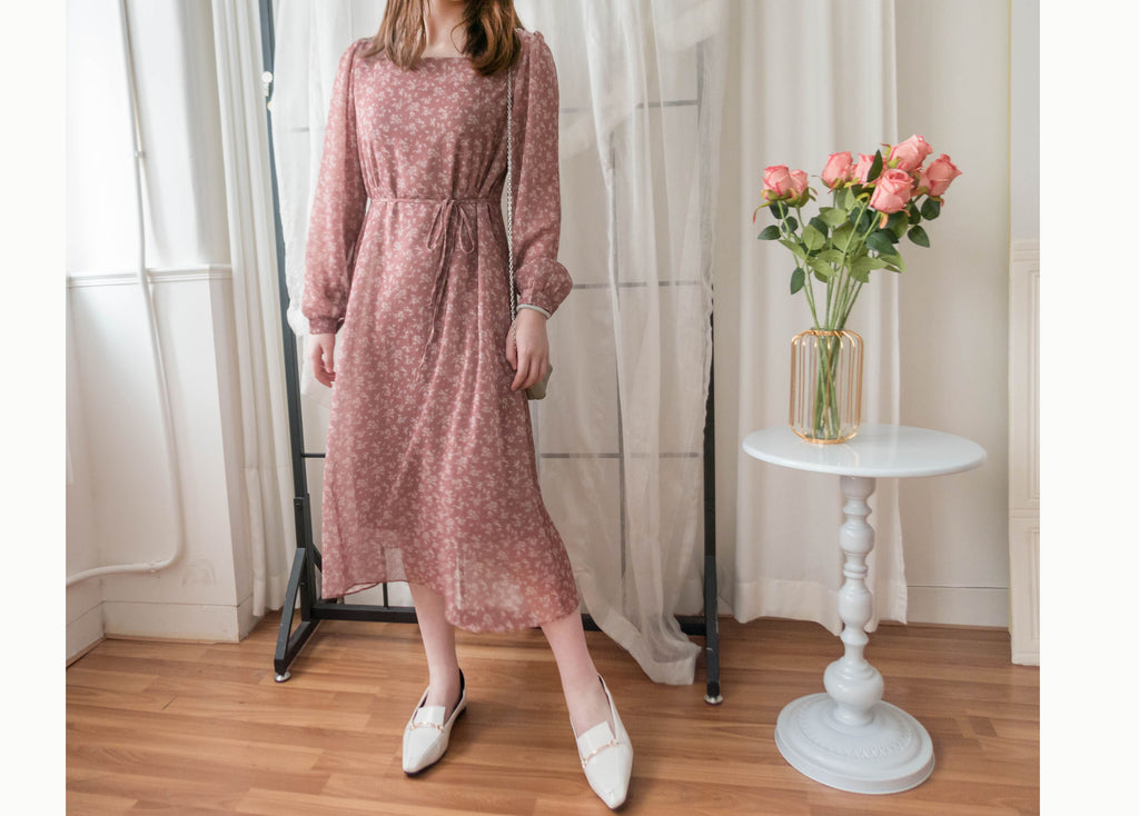 Garden Floral 輕盈方領雪紡碎花飄逸連身裙, Dress/ DS9349