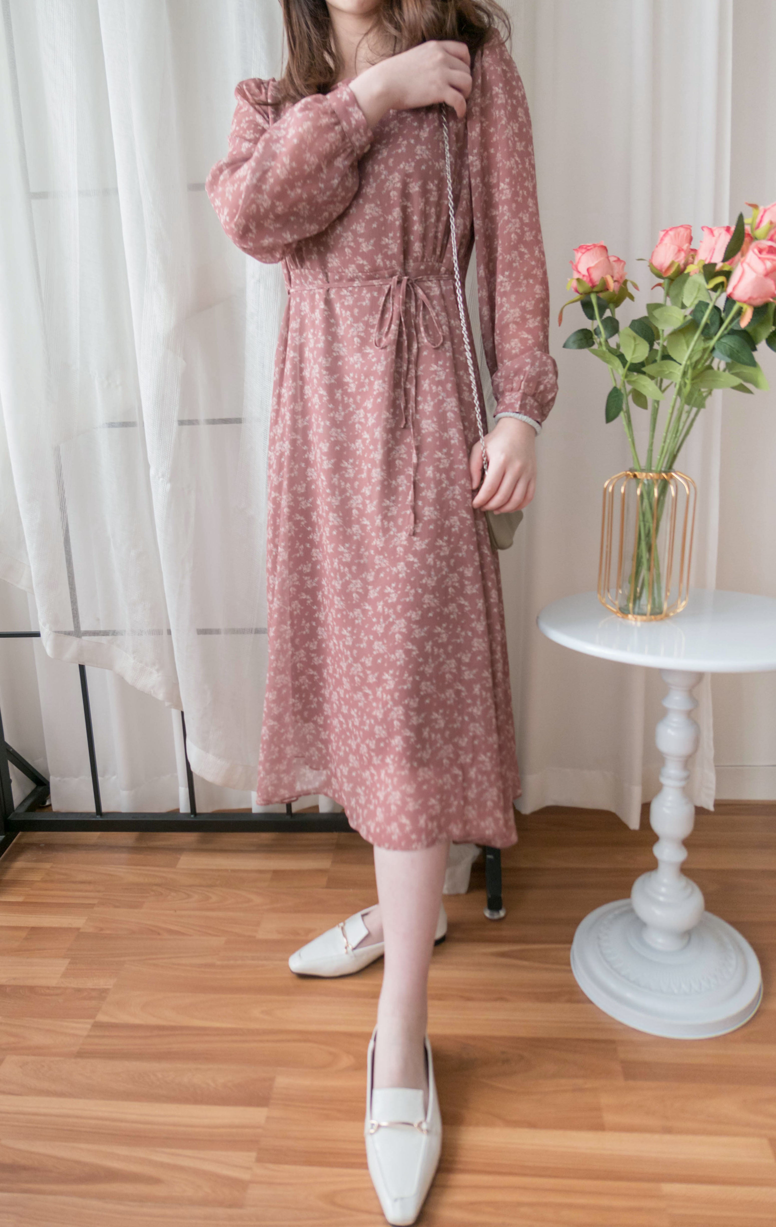 Garden Floral 輕盈方領雪紡碎花飄逸連身裙, Dress/ DS9349