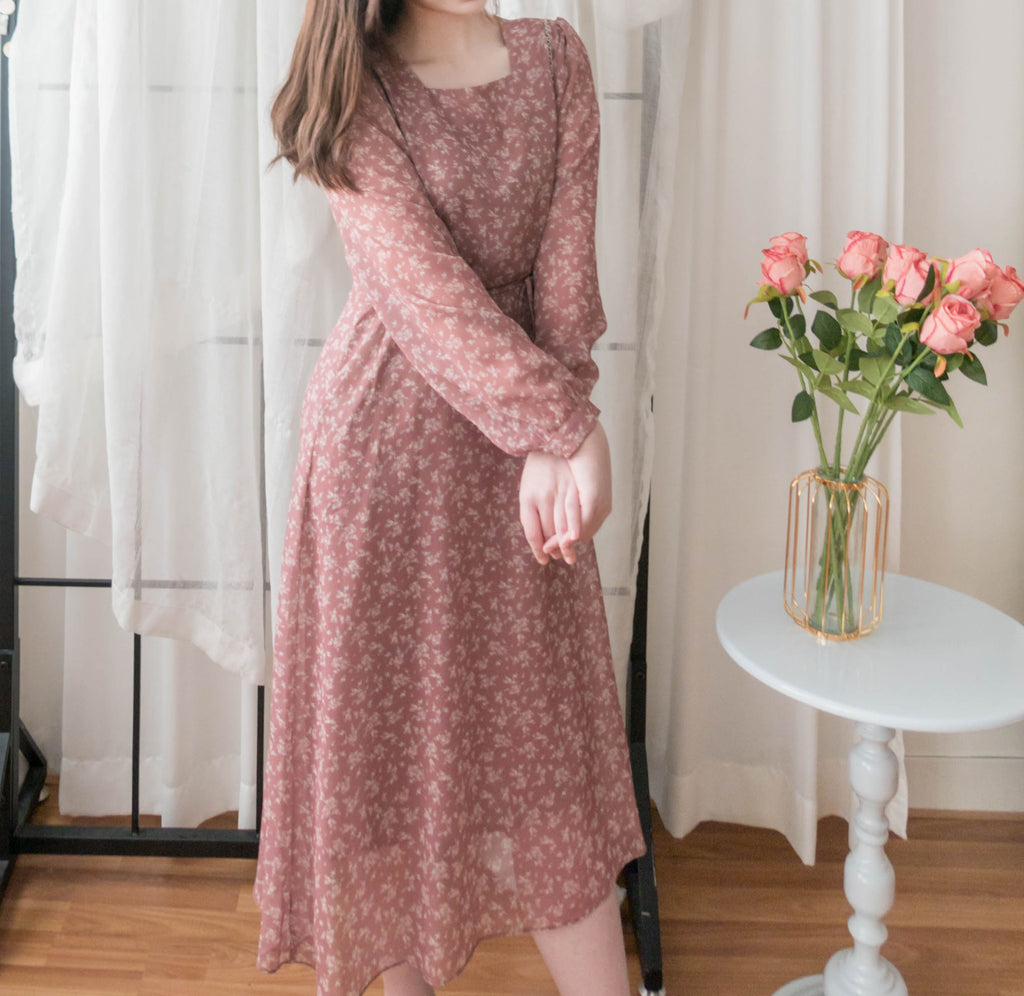 Garden Floral 輕盈方領雪紡碎花飄逸連身裙, Dress/ DS9349