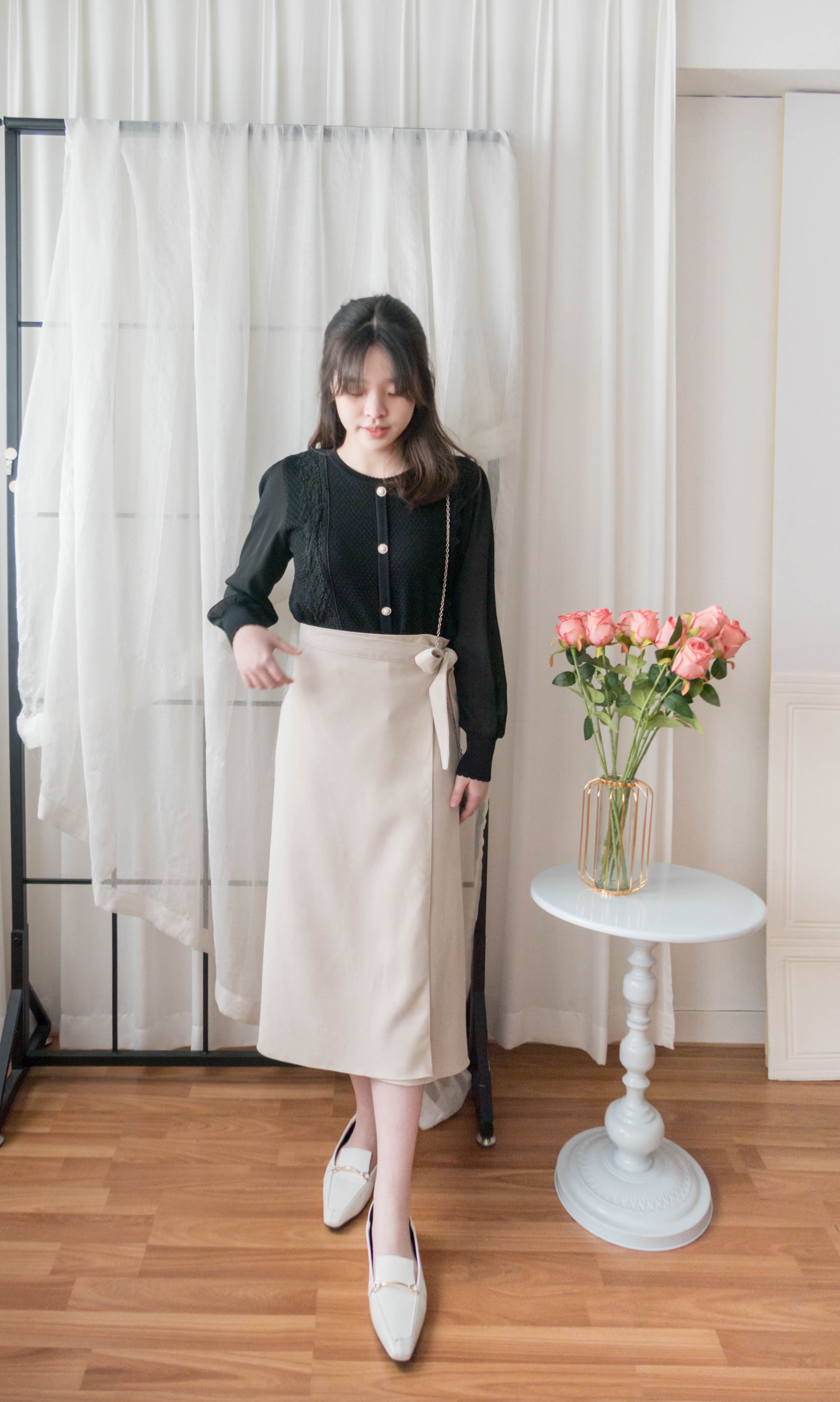 Chiffon Sleeve 花邊領口彈性針織雪紡手袖裝飾鈕, Blouse/ CD8124 (不設訂貨款)