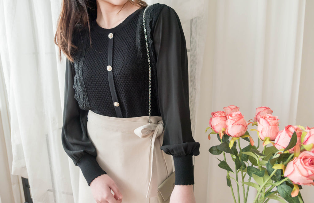 Chiffon Sleeve 花邊領口彈性針織雪紡手袖裝飾鈕, Blouse/ CD8124 (不設訂貨款)