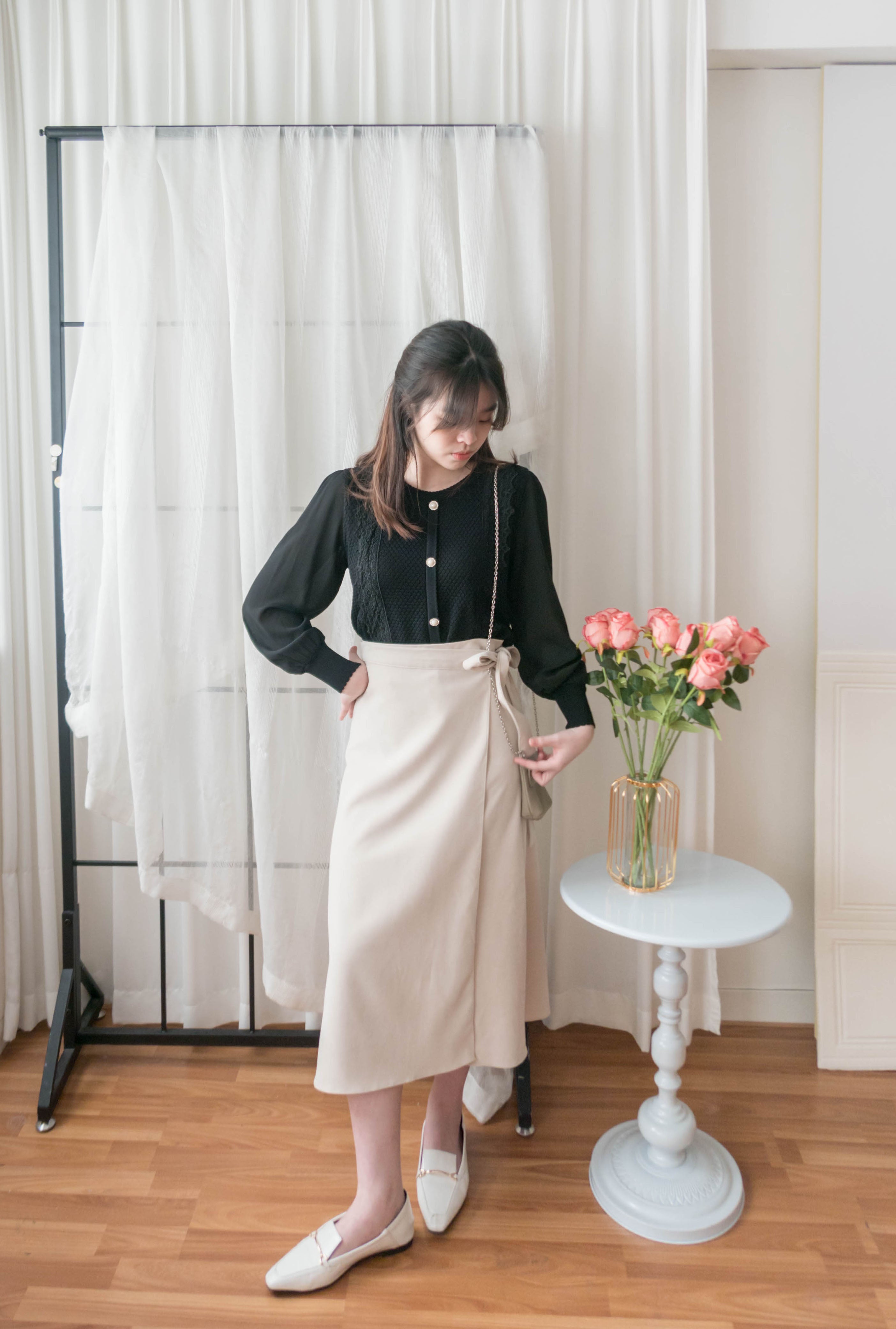 Chiffon Sleeve 花邊領口彈性針織雪紡手袖裝飾鈕, Blouse/ CD8124 (不設訂貨款)