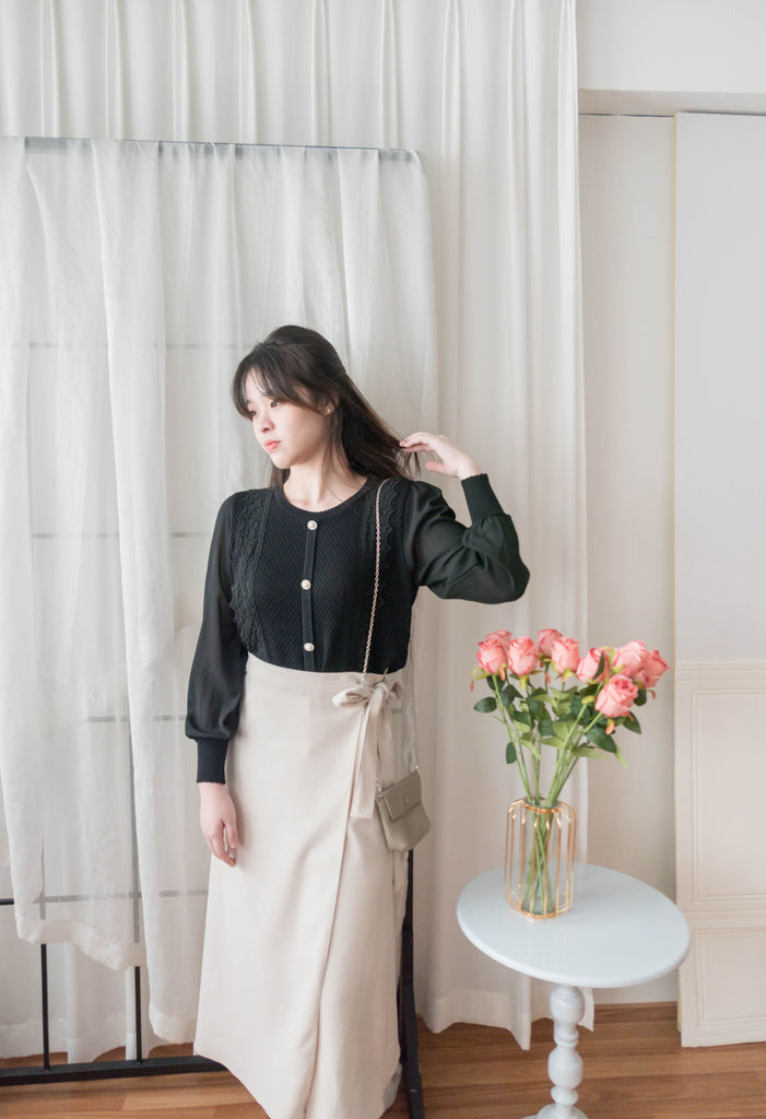 Chiffon Sleeve 花邊領口彈性針織雪紡手袖裝飾鈕, Blouse/ CD8124 (不設訂貨款)