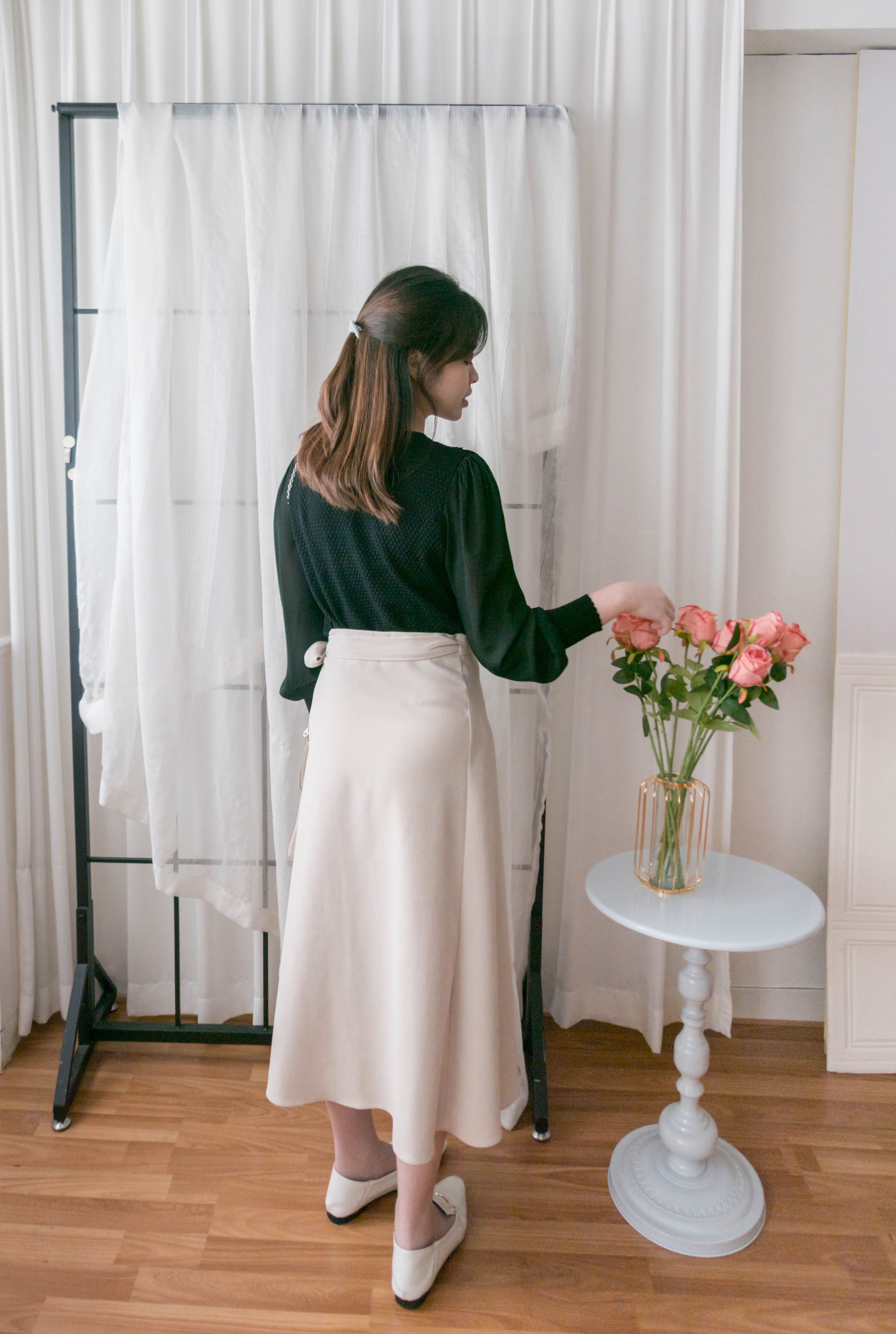 Chiffon Sleeve 花邊領口彈性針織雪紡手袖裝飾鈕, Blouse/ CD8124 (不設訂貨款)
