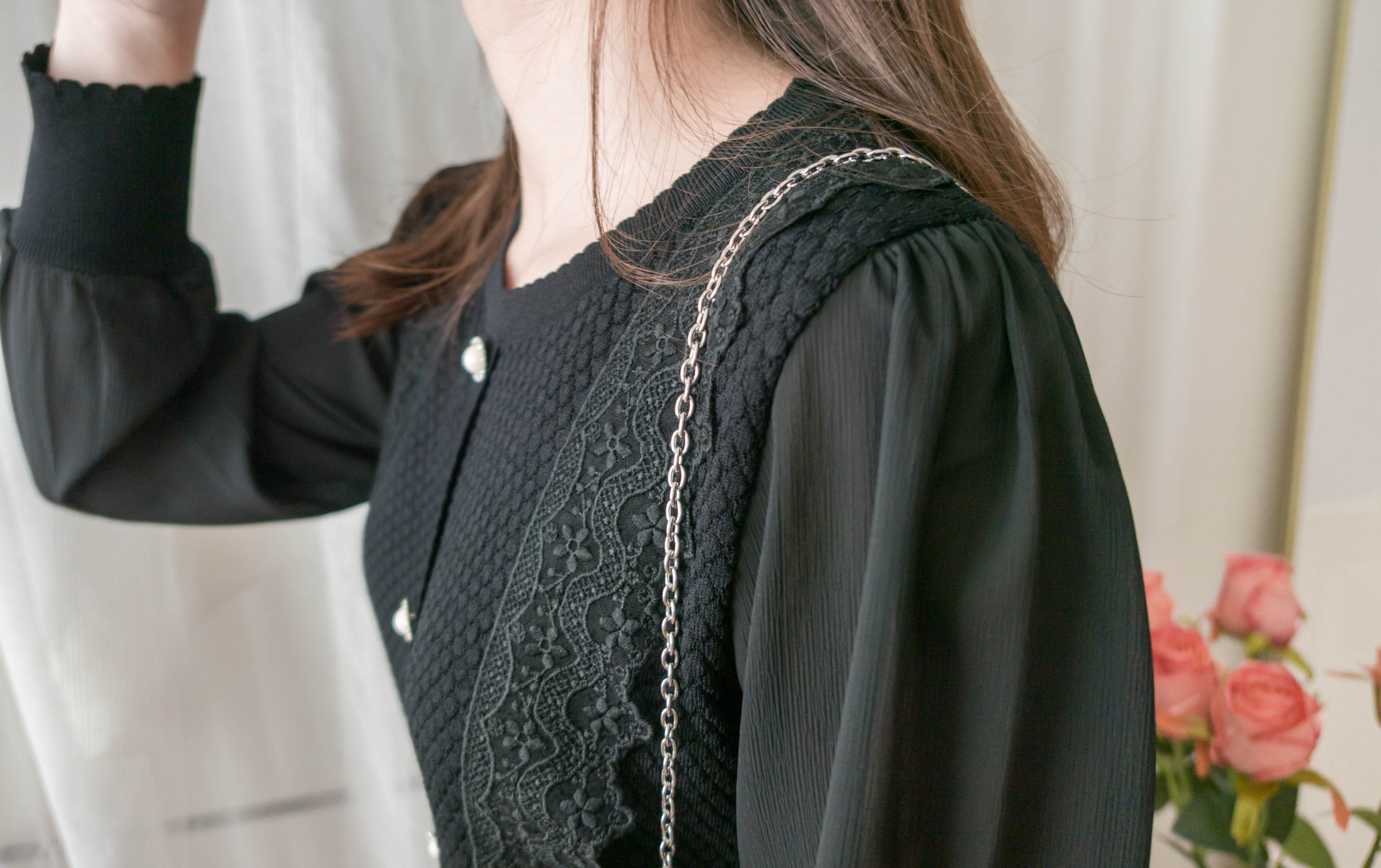 Chiffon Sleeve 花邊領口彈性針織雪紡手袖裝飾鈕, Blouse/ CD8124 (不設訂貨款)