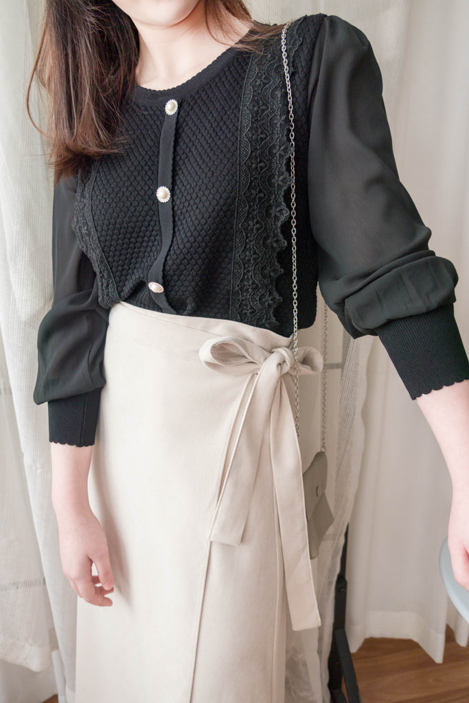 Chiffon Sleeve 花邊領口彈性針織雪紡手袖裝飾鈕, Blouse/ CD8124 (不設訂貨款)