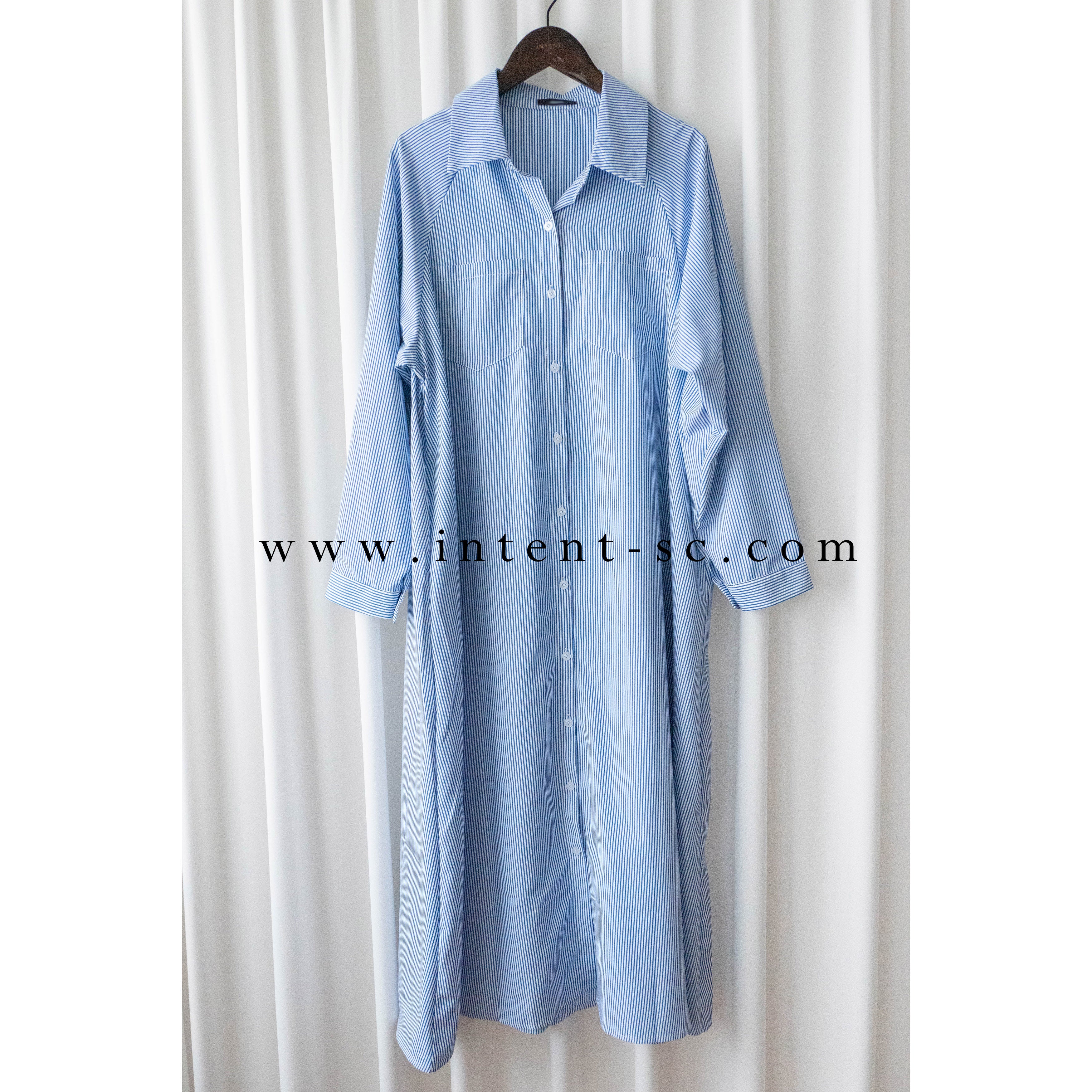 Stripe 入膊線淺藍直條紋防皺口袋連身裙, Dress/ DS9357