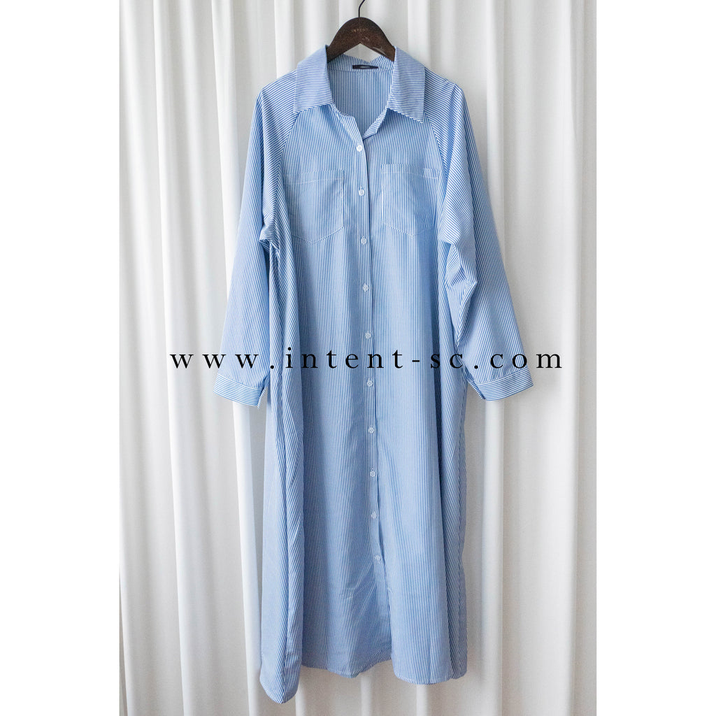 Stripe 入膊線淺藍直條紋防皺口袋連身裙, Dress/ DS9357