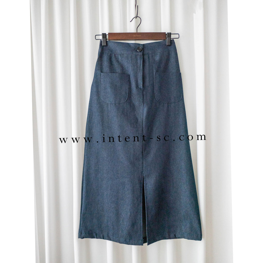 Denim 雙口袋牛仔色前開叉H形裙, Dress/ SK8749