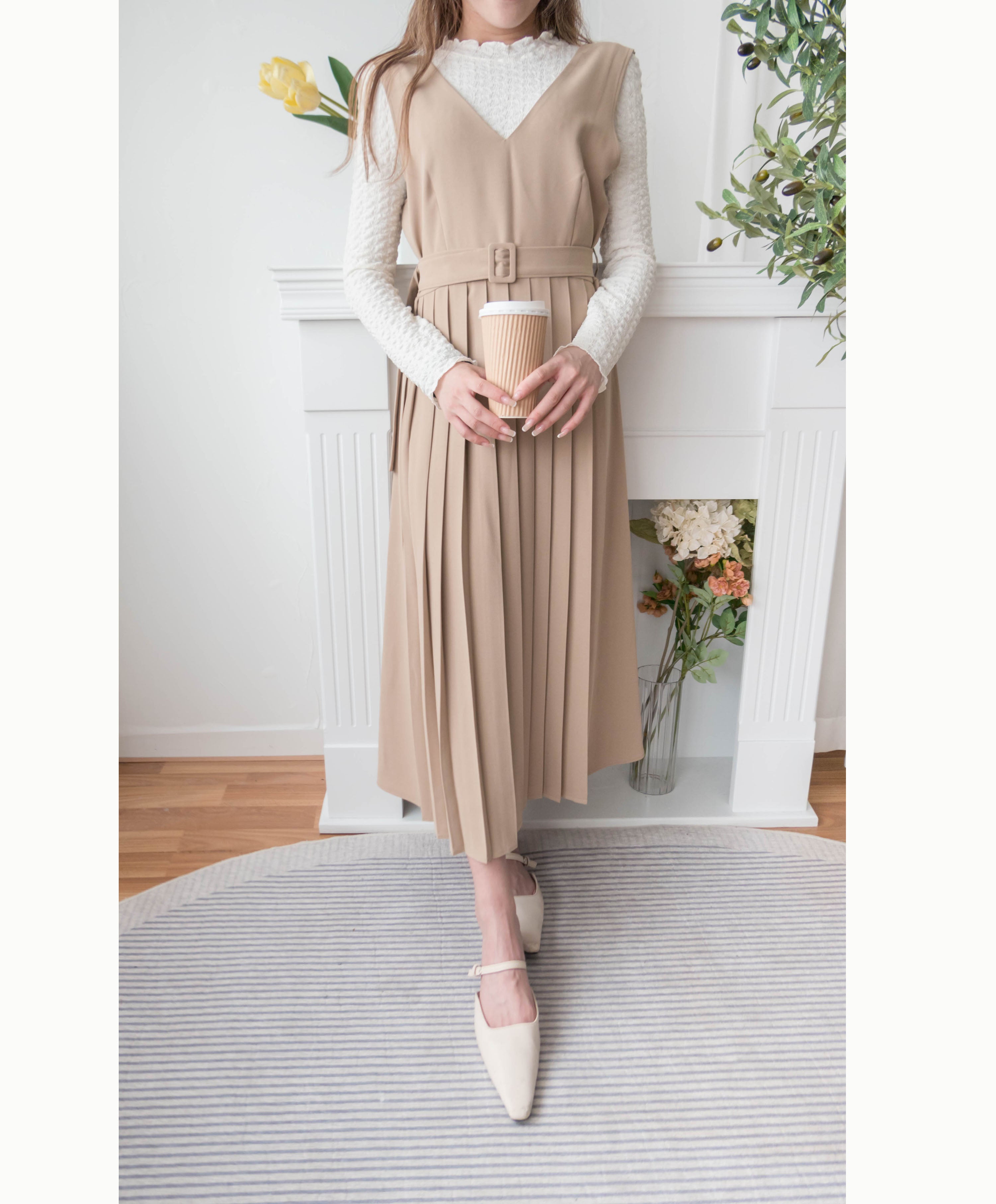 Jasmine Pleated 不經意的氣質V領雪紡前百褶飄飄背心裙, Dress/ DS9363